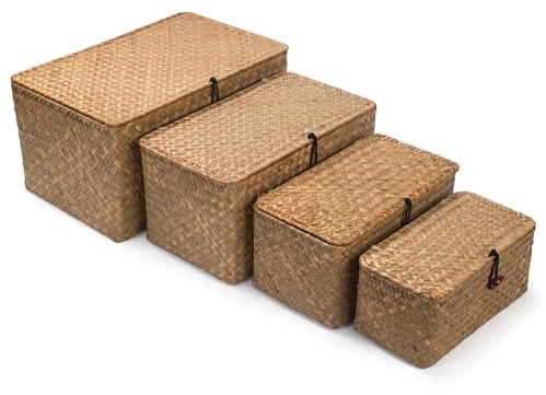 Wicker Basket with Lid, Seagrass Storage Basket, Woven Baskets for Storage, Decorative Storage Baskets for Shelf Organizing, Natural