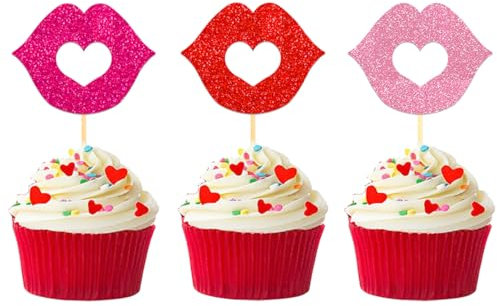 24 Stück Glitzer Lippen Cupcake Toppers, Valentinstag Tortendeko, Hochzeit Kuchendeko für Valentinstag Galentine's Day Jahrestag Braut Geburtstag Heiratsantrag Verlobung Party Deko (Lippe)