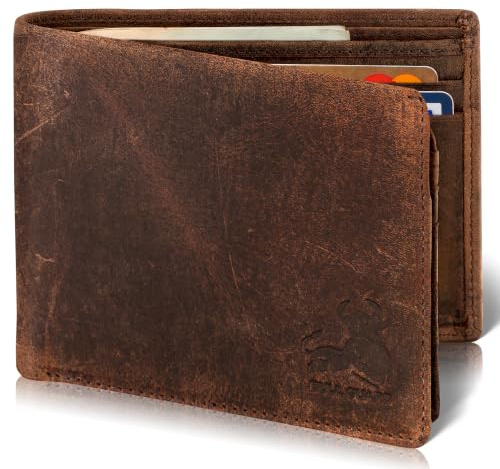 RFID Bifold Leather Wallet For Men with Flip Up ID in Vintage Buffalo Brown, Wild Crazy Horse, Classic Bifold Size, Bifold Style With Flip Up Id