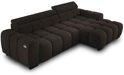 Ecksofa BULL 285x168x77/97 cm, Rechte Seite Mit Schlaffunktion, Elektrisch Ausziehbarer Sitzfläche, Verstellbaren Kopfstützen, Dunklen Buchenholzfüßen, Hydrophobem SALVADOR-Bezugstoff - Grau