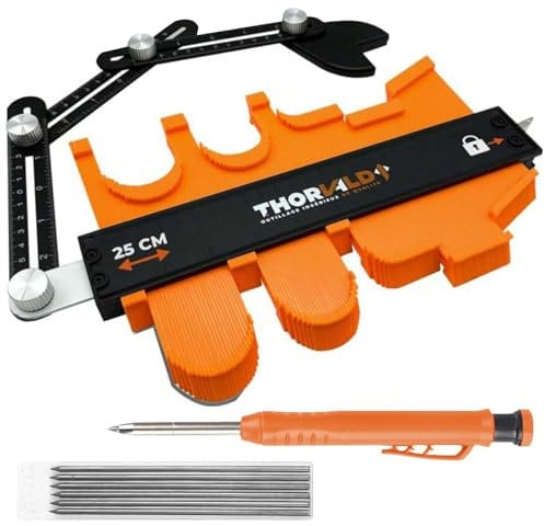 Konturenlehre, 25cm Konturenlehre Groß mit Feststeller uund Winkelschablone, Tieflochmarker uund Ersatzminen，Konturenlehre für PräZise Messungen für Laminat, Holz, Fliesen und FußBöDen