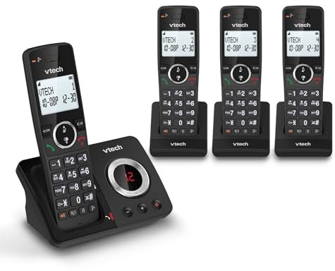 VTech ES2053 Cordless Phone with Answering Machine, Call Block, Easy-to-Read Backlit Display, 18 Hours Talk-time, Volume Booster, Handsfree Speakerphone, Speed Dial, DECT, 4 Handsets