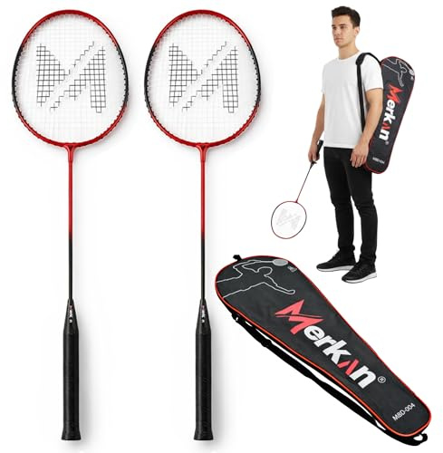 Das Merkan Badminton-Set für 2 Spieler ist leicht und robust und beinhaltet Zwei Schläger, 6 Badminton-Federbälle und eine Tragetasche.