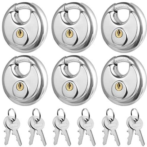 Lot de 6 cadenas ronds en acier inoxydable avec 12 clés - Cadenas à clé identique - Cadenas robustes et étanches avec anse de 9,5 mm d'épaisseur - Pour garage, clôture, entrepôt, abri de jardin et