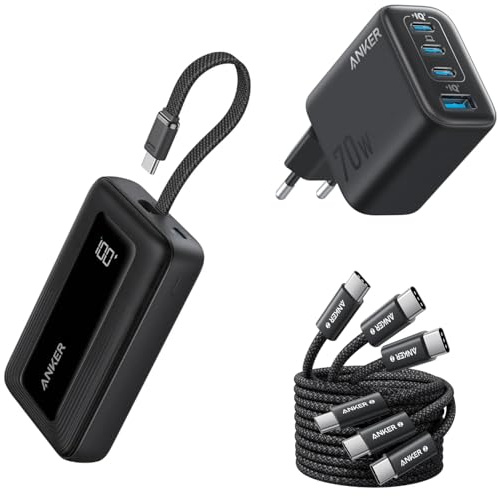 Anker Powerbank (20000mAh, 30W) & Ladegerät (4-Port, 70W) & USB C auf USB C Kabel (3 Stück 1,5m)
