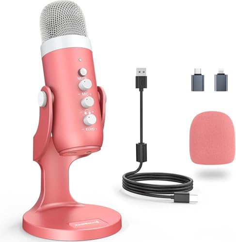 Microphone Pink, Noise Cancellation ASMR Mic with Gain, Volume Adjustment & Mute Button, Monitoring & Echo, for Vocal Recording, Podcast, YouTube, TikTok, PC, iPhone, iPad, Android, Mac, K66
