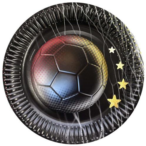Party Factory – Pappteller Fußball WM Deko 8 Stück – Einweggeschirr ø 23 cm mit Fußball-Motiv im Netz & 4 Sternen – Pappgeschirr für Public Viewing & WM Party – Deutschland Fanartikel