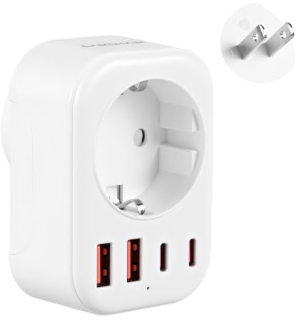 Carehabi Adaptateur de Voyage Japon avec 2 USB-C + 2 USB-A, Prise USA Connecteur Fiche de Voyage Raccord Secteur pour États-Unis, Canada, Mexique, Philippines, Thaïlande, Laos, Cambodge