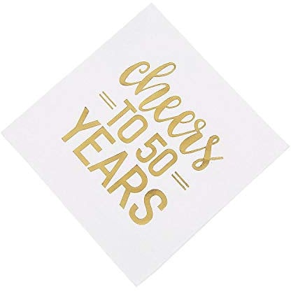 Unique Party Supplies 72571 Papierservietten - 16,5 cm - 25. Jahrestag Cheers to 50 Years - Goldfolie - Packung mit 16 Stück, Gold