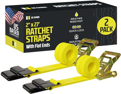 Two Ratchet Strap Tie-Downs, 2 x 27' Heavy-Duty Flat Hook Trailer Straps | Secure Cargo in Flatbed, Utility, Enclosed Vans, Trucks at Warehouses, Docks, Marinas