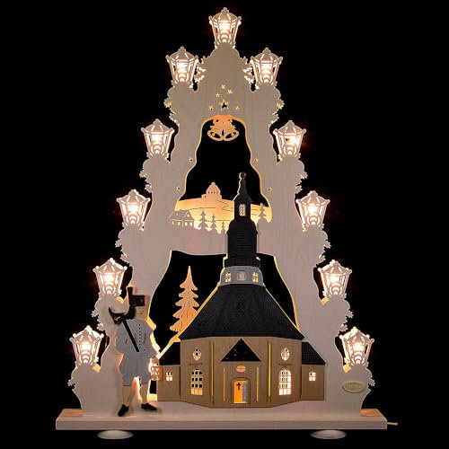 weigla - Lichterspitze original Erzgebirge I Motiv Seiffener Kirche I LED Lichterbogen Weihnachten I 15 Lampenkerzen + 1 Ersatzlampe I 15 x 16 V, 0,2 W, E10 I beleuchtete Weihnachtsdeko innen