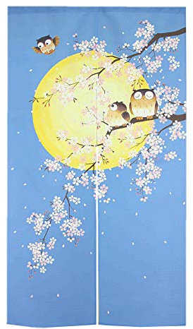 LIGICKY Japanische Noren Lang Vorhang Tür Vorhang Tapisseri Fliegen Insektenvorhang Raumteiler 33x59 inch(Eule auf Baum)