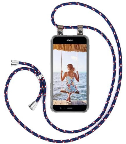 moex Handykette für Huawei P10 Lite Hülle mit Band abnehmbar, Handyhülle mit Kette zum Umhängen, Handyband 155 cm lang Stoff Kordel Umhängehülle, Handy Umhängeband, Blau Rot