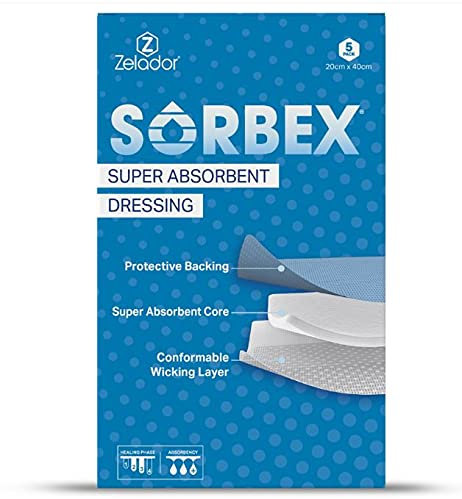 Sorbex Super saugfähige Wundauflage für mäßig bis stark nässende Wunden (20 x 40 cm), hervorragende Feuchtigkeitsaufnahme, steril und atmungsaktiv, 5 Stück