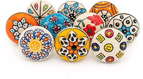 ETHNICITI 10 x Multicolour Flower Handpainted Round Ceramic Door Knobs Cupboard Drawers Cabinets Wardrobe Assorted Vintage Shabby Chic Kitchen Bedroom Living Furniture Dresser Pulls Handles - Design 1