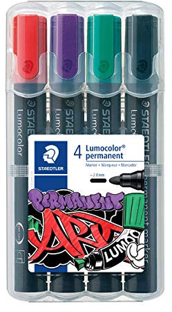 Staedtler Lumocolor permanent markers, line width 2.00 mm, light-resistant, quick-drying, low odour, long service life, 4 permanent markers in a stand-up box, 352 WP4-1