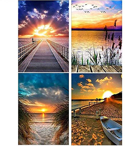 WHATWEARS 4 Stück 5D Diamand Painting Kits für Erwachsene, DIY Diamant Painting Set, Full Drill Diamant Malerei Set, Diamand Painting Bilder für Home Wand Décor(Sonnenuntergang Strand)