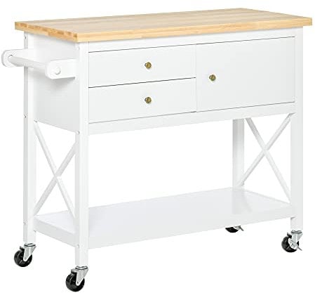 HOMCOM Carrito Auxiliar con Ruedas Carro de Cocina Carro Multiusos con 2 Cajones Puerta Estante Inferior y Asa Lateral 108x45x89 cm Blanco
