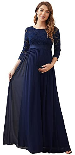 Ever-Pretty Robe de Grossesse Shooting Photo Longue Dentelle Femme Plissé Manches 3/4 Col Rond A Line Chic Bleu Marine 42
