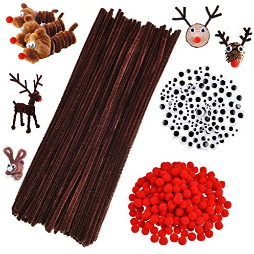 300PCS Pfeifenreiniger Pluesch Bunte,Pompons und Selbstklebend Wackelaugen,Pfeifenreiniger Set,Pfeifenreiniger und Pompons,Bastelzubehör Kinder,Rote Pom Poms,Weihnachten Handgemacht
