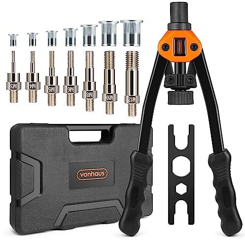VonHaus Set de Remachadora Manual – Tenaza Remachadora de Tuercas y Pistola con 7 Mandriles M3 M4 M5 M6 M8 M10 M12 y 150 Tuercas Remachables Surtidas – Con Maletín de Transporte