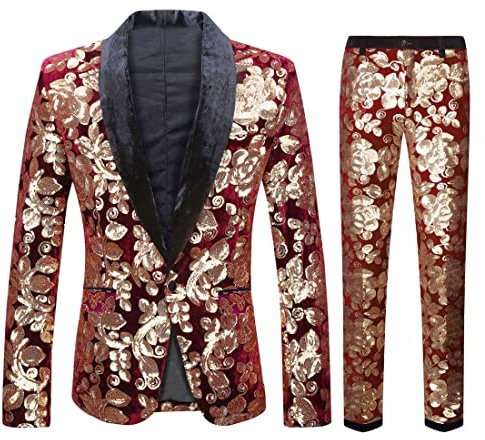 CARFFIV Herren Modische Blumenmuster Pailletten Zweiteiler Set Anzüge (XS, Red Wine)