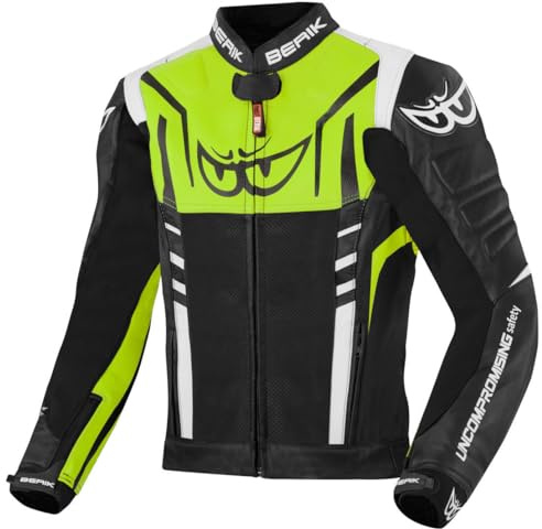 Berik Striper Motorrad Lederjacke, schwarz/weiß/neon-gelb, 54 | Leder