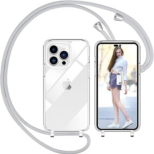 Nupcknn Handykette für iPhone 14 Pro Hülle mit Band,Ultra Dünn Transparent Handyhülle (Abnehmbar Einstellbar) Necklace mit Kordel zum Umhängen Kameraschutz Handy Kette Stossfest Schutzhülle(Grau,6.1)