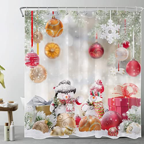 MEUNEAR Tenda da doccia natalizia con palline di Natale rosse e dorate, regali di Natale, albero di pino invernale, ramo, pupazzo di neve, fiocco di neve, tenda da doccia per decorazione del bagno,