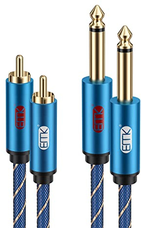 EMK Mono 6.35 mm1/4 to 2RCA Cable, Dual 1/4 Inch TS to Dual RCA (1m) | Connection Cable Gold Plated Nylon Braided Stereo Audio Lead for Amplifier, Soundbar, DVD, TV, Speaker
