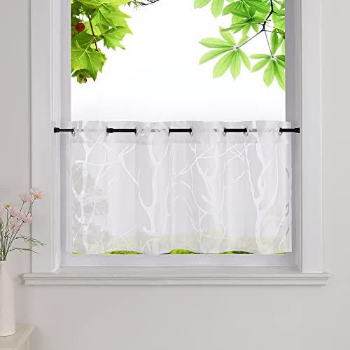 HeichkelL Scheibengardine Ausbrenner Gardinen Transparent Bistrogardine mit Ösen Küche Kurz Vorhang Äste Muster Weiß HxB 45x90cm