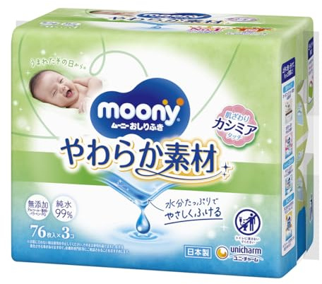 Unicharm Moony Wipes, Soft Material, Refill, 76 Sheets x 3