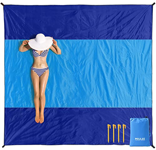 MIULEE Stranddecke Sandfrei Strandmatte wasserdichte 200x210 cm Extra Groß XXL Picknickdecke 4 Befestigung Ecken Outdoor Decke Campingdecke Reisedecke für Strand Wanderung und Ausflug Blau