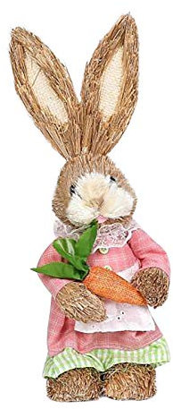 Strohs-Osterhasen Figuren Deko Hase Osterliche Festlich Gartendeko Handgemachte Rustikale Landhausstil Gewebte Stehende Häschen mit Karotte Blumenkranz Osterhasen Ostern Frühling Party (B-C, One Size)