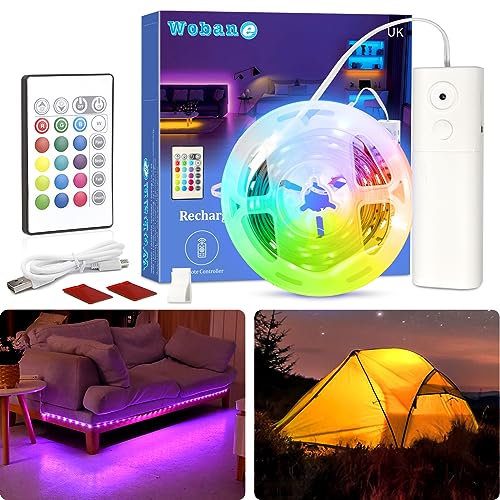 WOBANE Tira Led RGB Pilas Recargable USB con Mando a Distancia, 2m Luces LED de Tira Decoración Habitacion, 2000mAh Luces de Tira Led Adhesivo con Bateria Para TV Gaming,Estantes,Escaleras,Fiesta