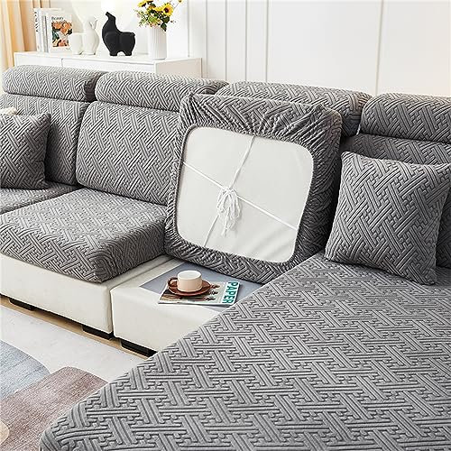 JUNLEBUYI Sofa Sitzkissenbezug, High Stretch Jacquard Sitzkissenschutz, Husse Überzug Bezug Für Sofa Sitzkissen, rutschfest Couchüberzüge Sofasitzbezug L-förmiger Ecksofas (Großer 3-Sitzer,Grau-A)