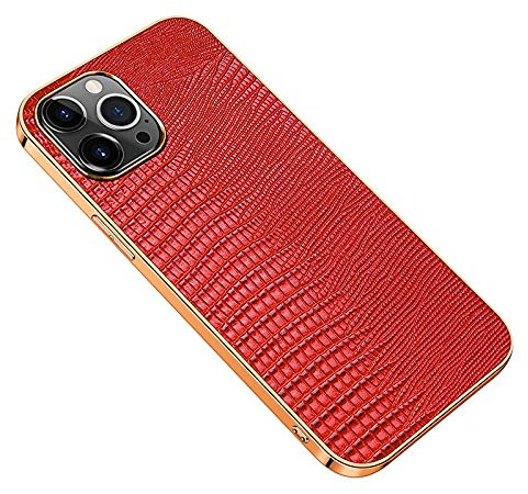 nincyee Genuine Leather Case Cover for iPhone 13 Pro Max,Luxury Lizard Pattern Real Leather Full Coverage Protection Plating Bumper Case Red