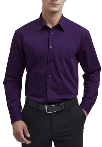 HISDERN Men's Purple Dress Shirt Long Sleeve Regular Fit Business Bamboo Fiber Shirt Casual Wrinkle-Free Shirt with Pocket,M