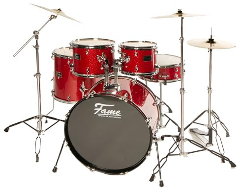 Fame FG22B-RD First Gig Rock Set, Red Sparkle, Komplettes Drum-Set, 22 Zoll BassDrum, Pappel-Kessel, Chrom-Hardware, inklusive Becken und Tomhalter, Ideal für Einsteiger