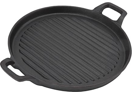 UPQRSG Plancha de Hierro Fundido, Sartén Reversible de Hierro Fundido Redonda Acanalada de Doble Mango, Parrillas de Gas y Cocina Al Aire Libre, Sartén Negra para Estufa, Estufa de Gas(31CM)