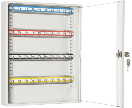 LEOMAR Schlüsselschrank, Schlüsselkasten mit 40 Haken, Schlüsselbox aus Stahlblech mit Glastüren, mit Verstellbaren Hakenleisten, Organizer zur Wandbefestigung, Abschließbar, 6 x 35 x 42 cm