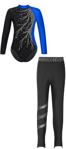 Alvivi Kinder Mädchen Turnanzug Gymnastikanzug Ballettanzug Langarm Tanzbody mit Leggings Hose Sport Trainingsanzug Wettkampf Blau&Schwarz 158-164