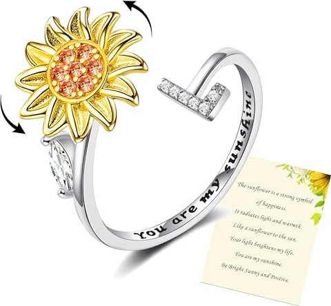 Frauen Sonnenblume Initial Brief Spinner Ring Offen Einstellbarer Ring CZ Ringe Daisy Stress Entlastung Ring Schmuck Geschenk für Frauen Mädchen
