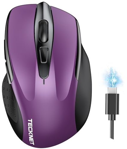 TECKNET Souris sans Fil Rechargeable, Souris Silencieuse, Jusqu'à 90% de Réduction du Bruit, 4800 DPI,6 Boutons de Souris Ergonomiques, 2,4G USB, Compatible avec Ordinateur Portable, Mac, Violet