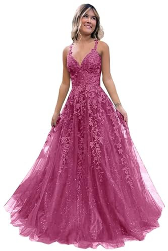 Abito da donna in pizzo con applique da ballo lungo in tulle, abito da damigella d'onore con scollo a V e spacco, Fucsia, XXL