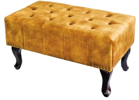 Riess Ambiente Design Fußhocker Chesterfield 80cm senfgelb Samt Knopfheftung Nietenbesatz Hocker Samthocker Sitzhocker Fußstütze Wohnzimmerhocker Ottoman