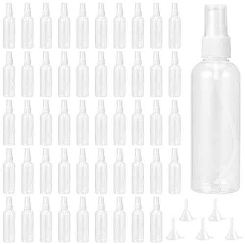 KOHAND 50 Pack 100ml Clear Plastic Spray Bottles with Lids, Refillable Small Spray Bottles with 5 Funnels, Clear Travel Containers Fine Mist Spray Bottles for Cleaning, Travel, Makeup