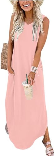 WNEEDU Robe Longue Femmes Robes d'éte Plage Robes sans Manches Col V Décontracté avec Poches Rose Clair M