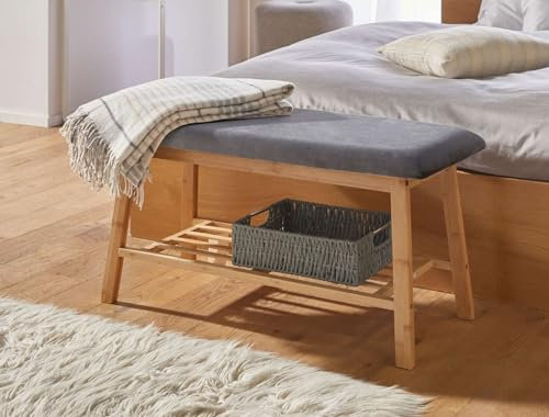 Dekoleidenschaft Sitzbank Modern aus Bambus mit Samtbezug in grau, Flurbank gepolstert mit Ablagefach, Schuhbank, Polsterbank, Schminkbank, Schuhregal, Garderobenbank mit Schuhablage, Bettbank