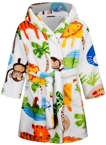 Baogaier Bademantel Kinder Jungen mit Kapuze Flanell, Unisex Morgenmantel Hoodie Roben Weichen Pyjamas Warmen Nachtwäsche Bathrobe Alter 2-3 Jahre,Gr.92-98 Weiß Affe mit Tiermuster